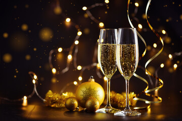 Fototapeta Two champagne glasses and christmas decorations on a dark festive background. Happy New Year. obraz