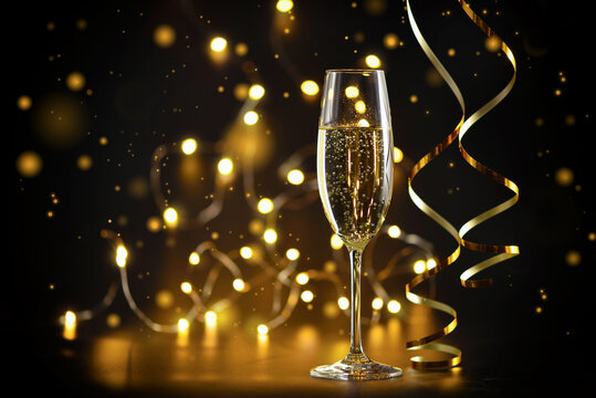 Glass of champagne on a dark background with Christmas lights