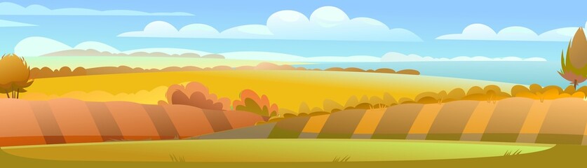 Beautiful autumn rural landscape. Rustic wildlife. Ripe beds. Village is pasture and vegetable garden. Harvest time of year. Yellow and orange scene. Horizontal illustration. Vector
