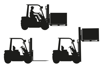 Set of silhouettes of heavy forklift machinery that perform different functions.