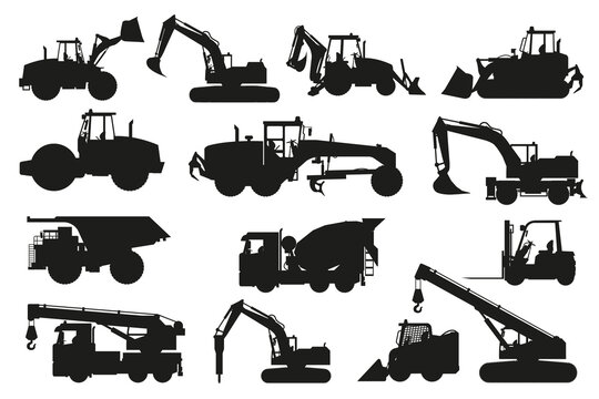  Set of heavy machinery silhouettes of concrete mixer truck, backhoe and bulldozer for construction and mines