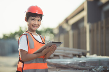 Asian little girl with a safety helmet on her head and a tablet in her hand on a construction site