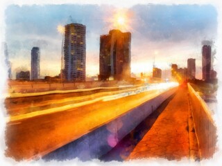 Fototapeta premium Cityscape with tall buildings and streets in Twilight time. watercolor style illustration impressionist painting.