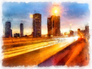 Cityscape with tall buildings and streets in Twilight time. watercolor style illustration impressionist painting.