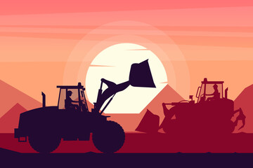 operators working with heavy machinery of track loader and front loader with a sunset in the background