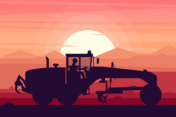 operator working with heavy motor grader machinery on sunset background