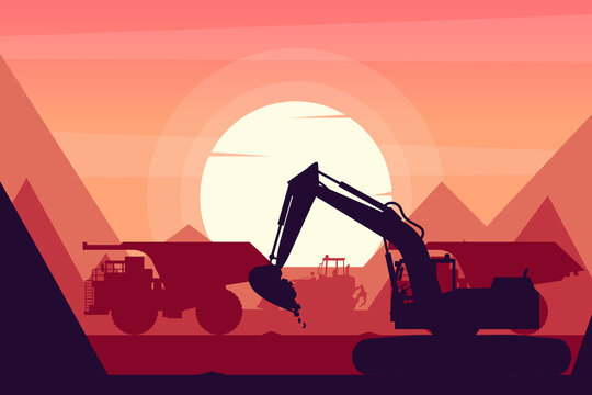 Heavy machinery with crawler loader, mining truck and excavator in a mine with sunset background