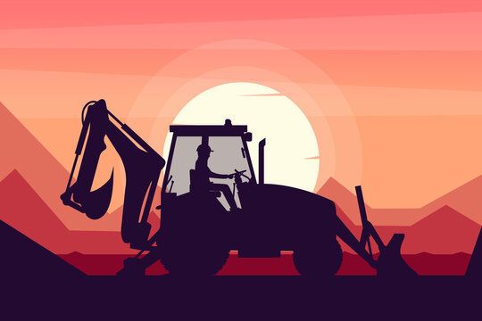 operator driving a backhoe heavy machinery with a sunset landscape in the background