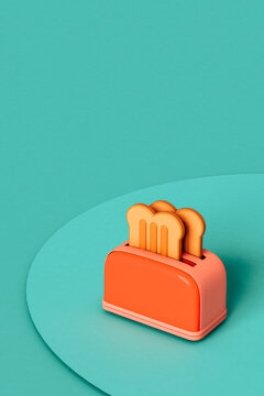 red/pink Toaster with sliced bread on blue. 3D render