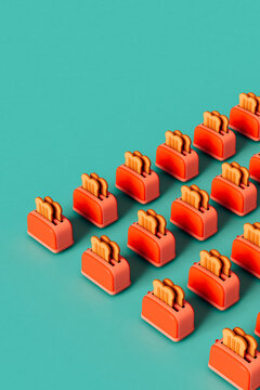 red Toasters with sliced bread on blue with copy space.