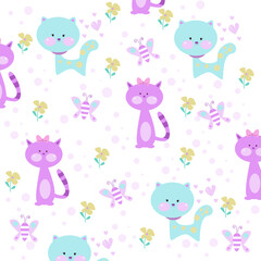 Vector illustration of cute cat with beautiful butterfly seamless pattern
