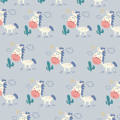 Vector illustration of cute horse with cactus seamless pattern