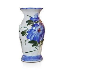 beautiful antique blue and white ceramic vase on white background, decor, retro, vintage, copy space
