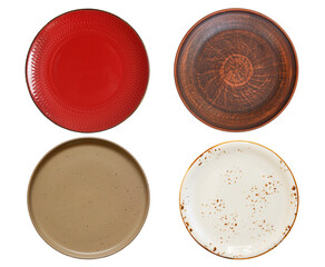 clean empty handmade ceramic plate isolated on white background, food dishes for cut out and design, copy space and mock up template.
