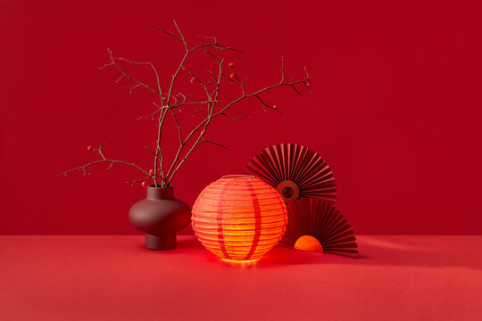 Chinese red lanterns and fans
