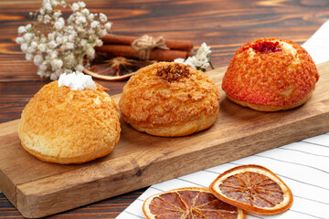 Homemade three shu cake with vanilla custard inside