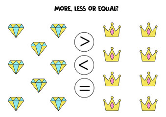 More, less, equal with cute diamonds and crowns.
