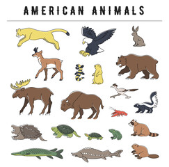 アメリカ大陸に生息する動物のイラストセット