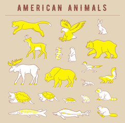 アメリカ大陸に生息する動物のイラストセット