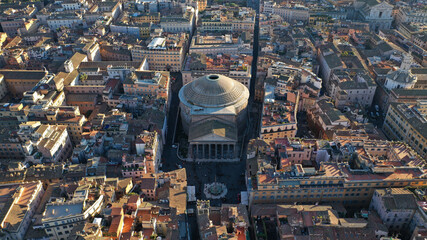 Aerial drone photo of iconic temple of Pantheon built in 118 to 125 A.D. with a dome and...