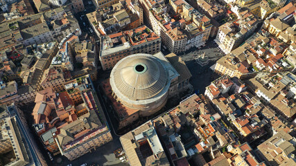 Aerial drone photo of iconic temple of Pantheon built in 118 to 125 A.D. with a dome and...