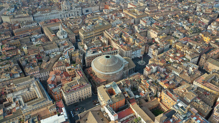 Aerial drone photo of iconic temple of Pantheon built in 118 to 125 A.D. with a dome and renaissance tombs, including Raphael's, Rome historic centre, Italy - obrazy, fototapety, plakaty