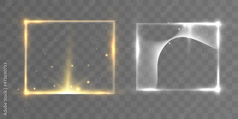 Poster gold frame with light effects. shining rectangle banner. isolated on black transparent background. v