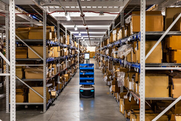 Robot in aisle at Warehouse of E-Commerce  center 