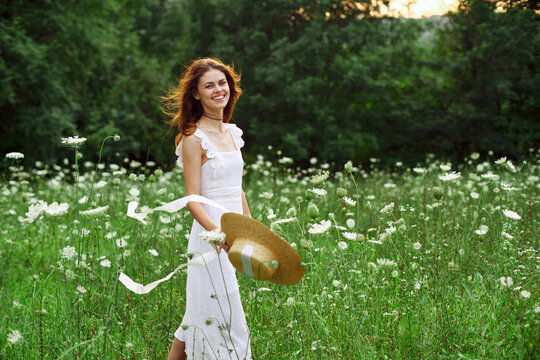 Pretty Woman In A Field In Nature White Dress Fresh Air