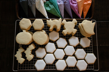 Halloween cutout sugar cookies and colored frosting