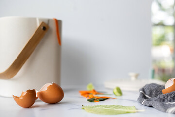 Compost bin and food in kitchen