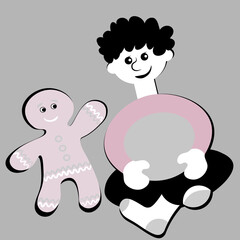 the boy sits cross-legged and smiles at the gingerbread man. Design element