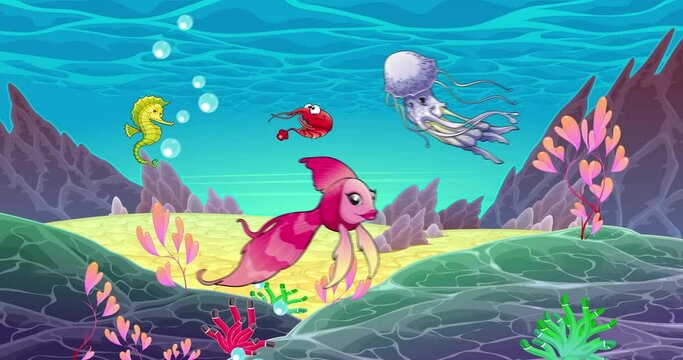 Bright colorful underwater animals float and swim among rocks, ocean plants, bubbles and sea anemones. 