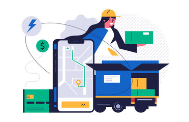 Online parcel delivery service concept. Phone with tracking of order delivery on the city map on the screen. Happy girl courier with order box. Courier truck with boxes. Flat vector illustration