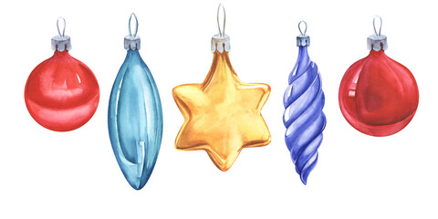 A set of five Christmas tree decorations. Spiral Christmas icicle. An elongated blue ornament, two red glass balls, a Christmas star. Hand drawn watercolor illustration isolated on white background