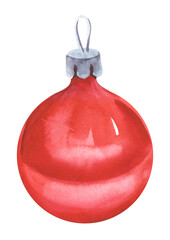 Glass shiny red ball. Christmas decoration on the tree. Hand drawn watercolor illustration isolated on white background.