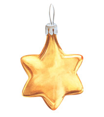 Yellow gold glass star. Six-pointed star. Christmas decoration on the tree. Hand drawn watercolor illustration isolated on white backgroun