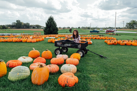 Picking pumpkins on a fall day. 