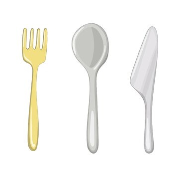 Nice cartoon cutlery. Fork, spoon and knife for a fairy-tale character or doll. Toy kitchen. Hand drawn vector illustration