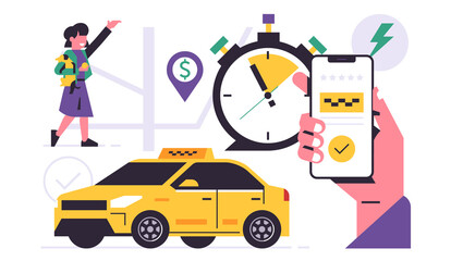 Taxi ordering service mobile application concept. A hand holding a phone with booking a taxi on the display. Urban cab service, yellow car, city map, happy woman. Flat vector illustration