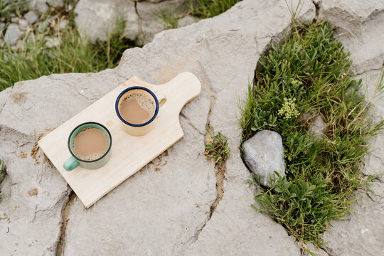 Above angle of Coffe mugs outdoors