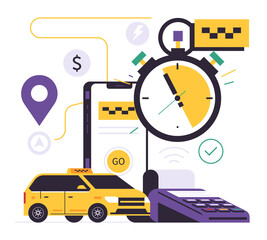 Taxi ordering service mobile application concept. Phone with application for ordering a taxi on display. Successful online payment for the city cab service. Yellow car, stopwatch. Flat illustration