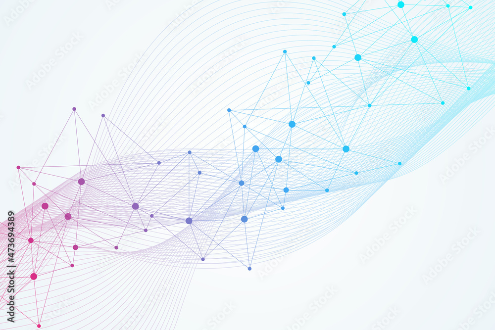 Poster geometric abstract background with connected line and dots. structure molecule and communication. bi