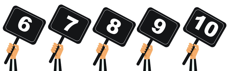 judge hand holding score card vector illustration. scorecard number for competition jury vote set. panel icon up. isolated. white background. best grade achievement