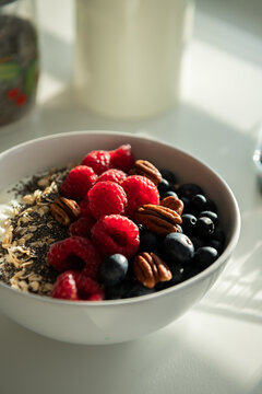 Freshly made muesli breakfast with yoghurt