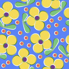 Yellow flowers on a blue background. Seamless pattern of abstract elements with texture and gradient fill for textiles, festive wrapping paper, wallpaper, covers.