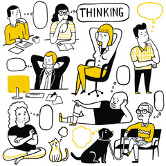 Doodle illustration collection of various people are thinking, dreaming, figure out something. Multi-ethnic, diversity, outline, linear, thin line art, hand drawn sketch design, simple style.