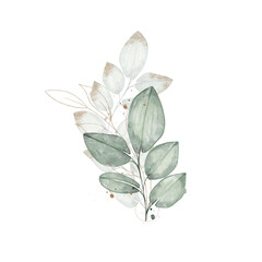 Green and gold spring creative floral watercolor composition with hand