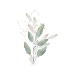 Green and gold spring creative floral watercolor composition with hand