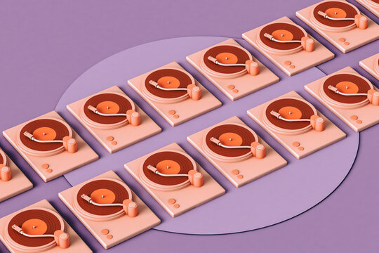 Vinyl players in a row on violet background